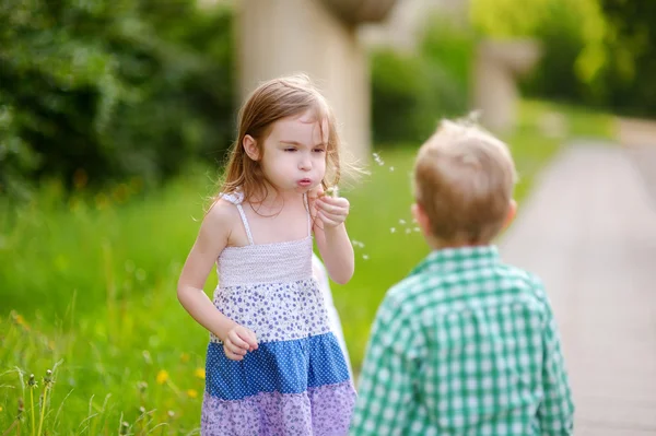 Menina e irmão com bolhas de sabão — Fotografia de Stock