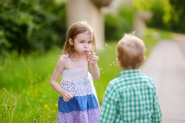 Mädchen und Bruder mit Seifenblasen — Stockfoto