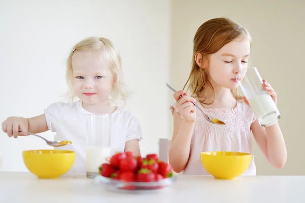 Schattige kleine zusters eten granen — Stockfoto