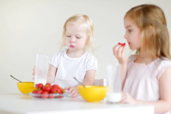 Schattige kleine zusters eten granen — Stockfoto