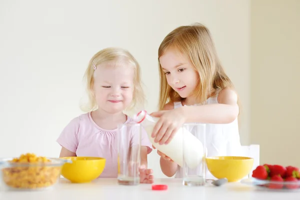 Cute little sisters eating cereal — Stock Photo, Image