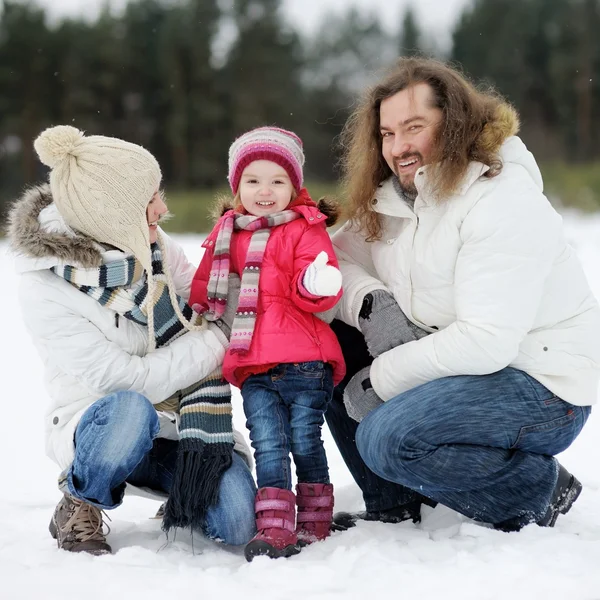 Familia feliz en el día de invierno nevado — Foto de Stock