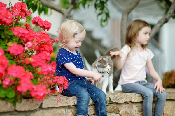 Carino sorelline e un gatto — Foto Stock