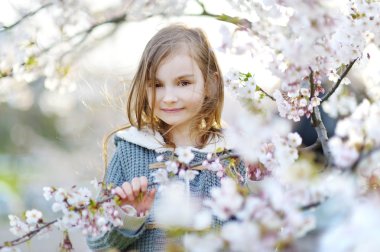 Küçük kız kiraz çiçeklenme içinde Bahçe