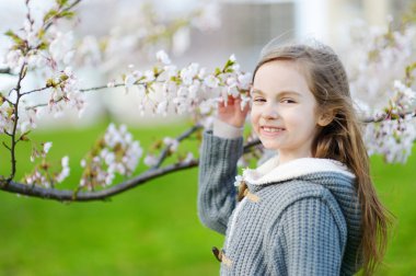 Küçük kız kiraz çiçeklenme içinde Bahçe