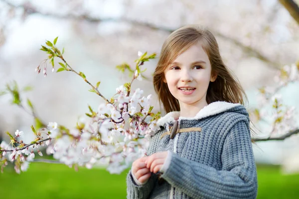 Bambina in fiore giardino di ciliegie — Foto Stock