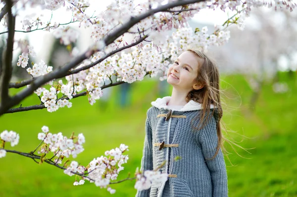 Mała dziewczynka w kwitnących wiśni ogród — Zdjęcie stockowe