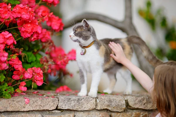 Schattig klein meisje en een kat buiten — Stockfoto