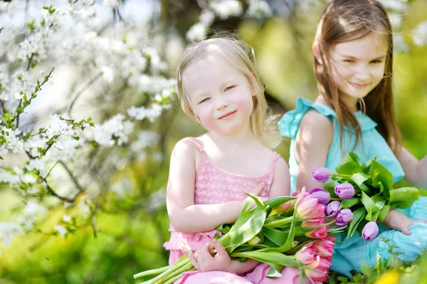 Małe siostry gospodarstwa tulipany — Zdjęcie stockowe