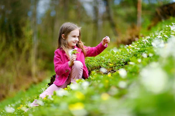 Ragazza raccogliendo i primi fiori — Foto Stock