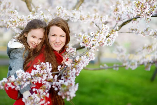 Anne ve çocuk çiçek açan bahçesinde — Stok fotoğraf