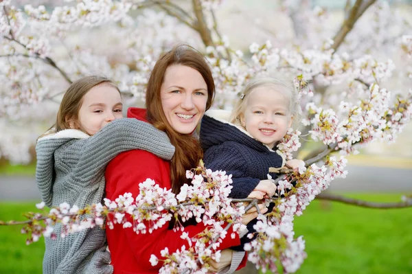 Anne ve çocuk çiçek açan bahçesinde — Stok fotoğraf