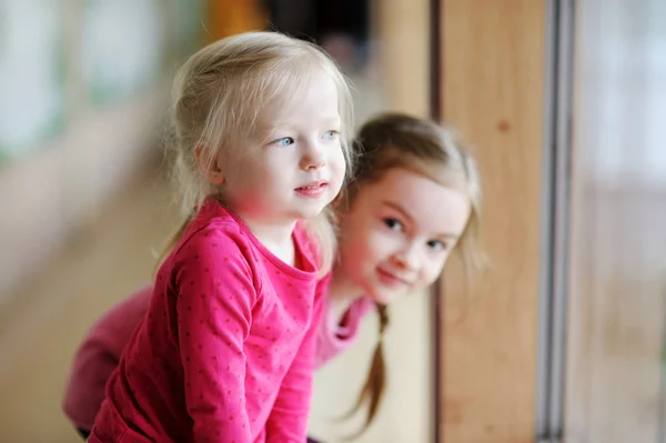 Lilla systrar vid fönstret — Stockfoto