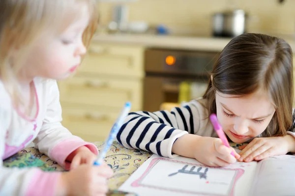 Sisters drawing and learning together — Stock Photo, Image