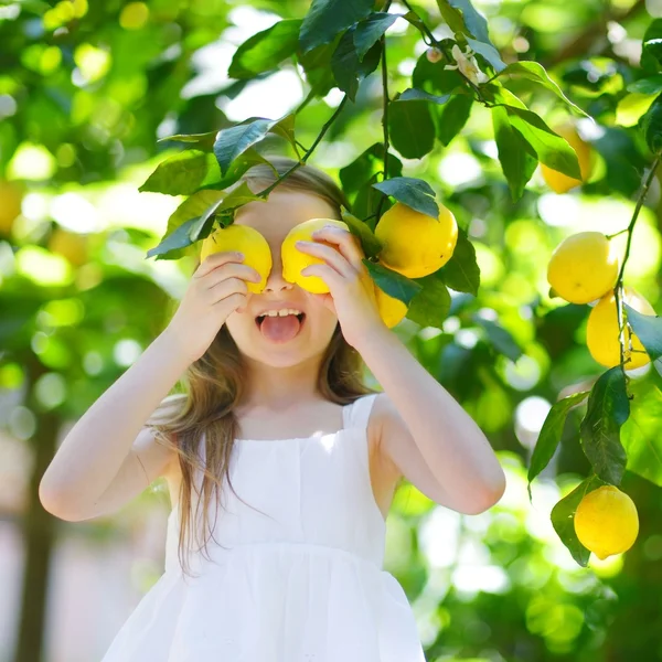 Girl picking fresh ripe lemons — Stock Photo, Image