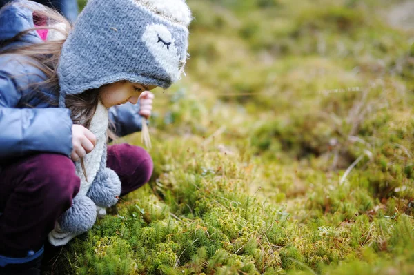 Sevimli küçük kız ormanda hiking — Stok fotoğraf