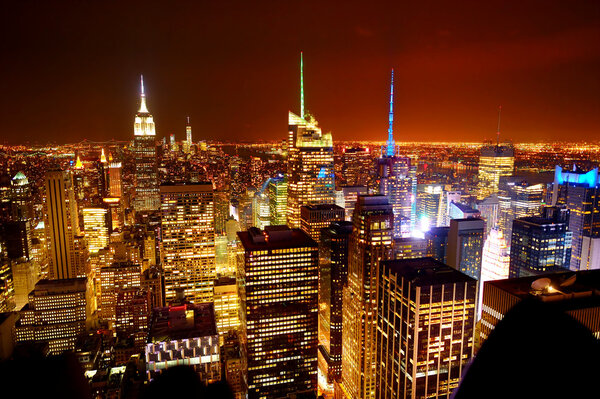 Aerial view of Manhattan New York at night looking from Top of the Rock, Rockefeller center