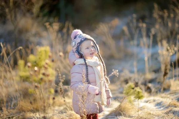 Flicka som har roligt i vinter park — Stockfoto