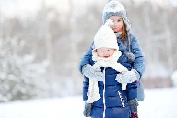 Маленькие сестры в зимнем парке — стоковое фото