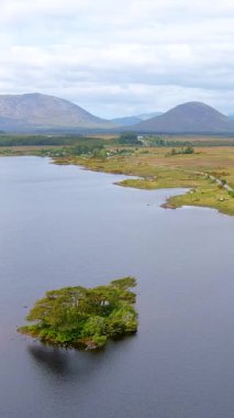 İrlanda 'nın Connemara bölgesindeki Lough Bofin Gölü' nün güzel dikey görüntüsü. Ufukta muhteşem dağları olan İrlanda manzarası Galway ilçesi, İrlanda.