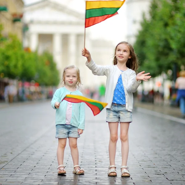 Irmãs segurando bandeiras lituanas em Vilnius — Fotografia de Stock