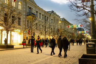 VILNIUS, LITHUANIA - 16 Şubat 2025 Vilnius 'taki Devlet Günü' nün Restorasyonu kutlamalarına yüzlerce insan katıldı. Şenlik ateşi 16 Şubat 'ta şenlik gecesi Gediminas Bulvarı' nda yakılır..