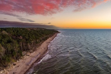 Kış mevsiminde Baltık Denizi kıyılarının çıplak ağaçları ve canlı kırmızı günbatımı gökyüzünün altında dalgaların aktığı hava manzarası. Stark kuzey güzelliği, sönen ışıkta uçsuz bucaksız ve temel.