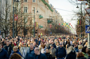 VILNIUS, LITHUANIA - 11 Mart 2025: Binlerce insan, Litvanya 'nın bağımsızlığını geri kazanmasının 35. yıldönümü münasebetiyle bayram etkinliklerine katıldı. Vilnius 'ta şenlik aktiviteleri.