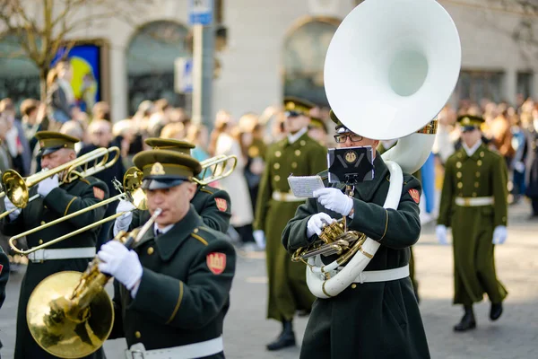 VILNIUS, LITHUANIA - 11 Mart 2025: Litvanya 'nın bağımsızlığını geri kazanmasının 35. yıldönümü kutlamaları. Ulusal bayrak taşıyan katılımcılar. Kovo 11.