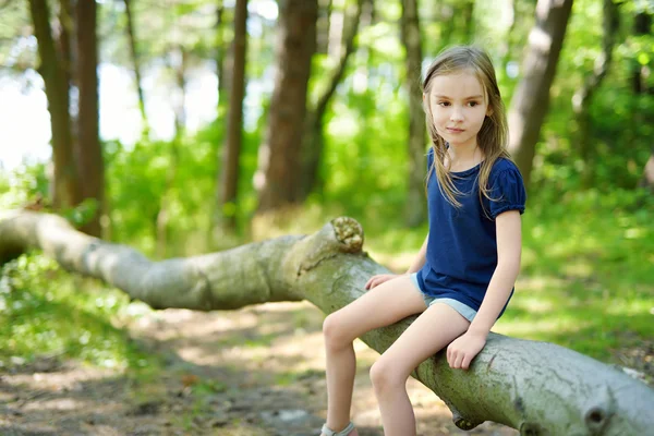 Bedårande liten flicka vandra i skogen — Stockfoto