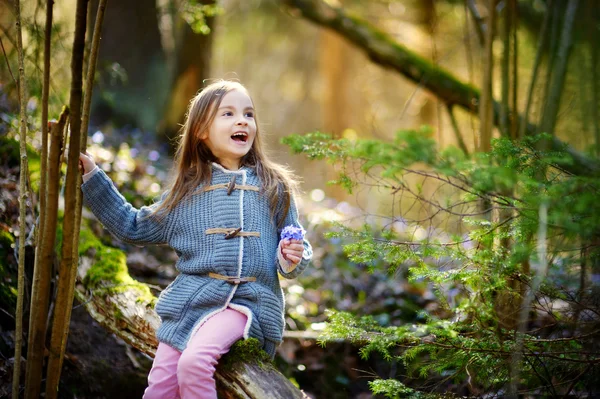 Menina escolher as primeiras flores — Fotografia de Stock