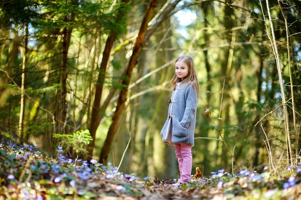 Meisje de eerste bloemen plukken — Stockfoto