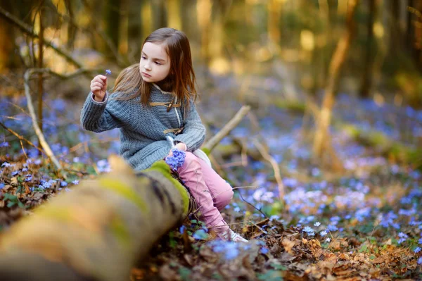 Menina escolher as primeiras flores — Fotografia de Stock