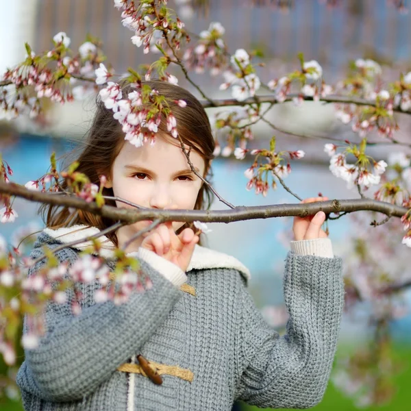 Little girl in blooming cherry garden — Stock Photo, Image