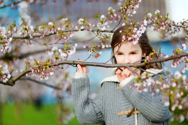 Little girl in blooming cherry garden — Stock Photo, Image