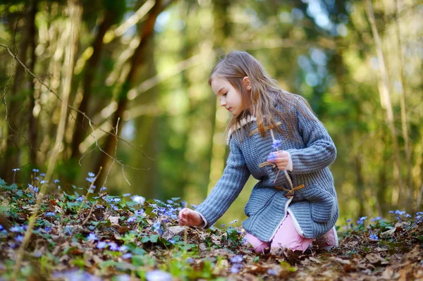 Meisje de eerste bloemen plukken — Stockfoto