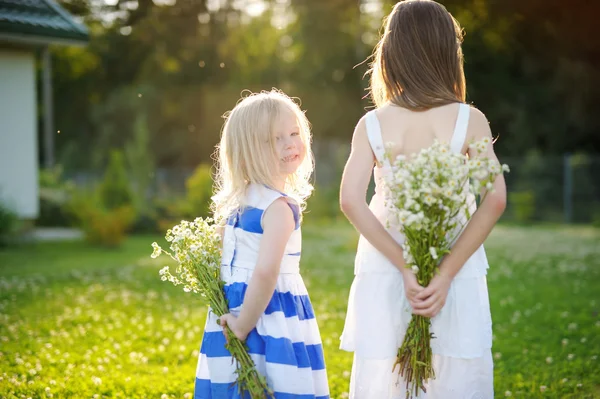 Systrar håller vilda blommor — Stockfoto