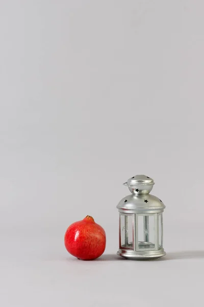 Vintage Lantern Ripe Pomegranate Fruit Light Background Space Design Christmas — Stock Photo, Image