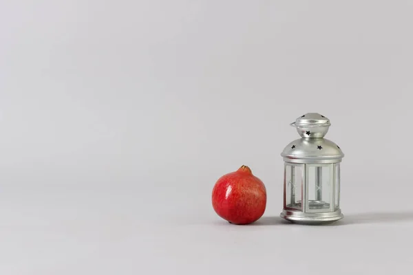 Vintage Lantern Ripe Pomegranate Fruit Light Background Space Design Christmas — Stock Photo, Image