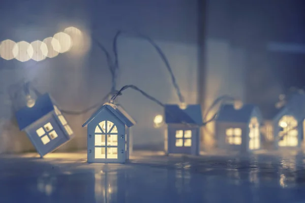 Guirlandes Noël Maisons Jouets Lumières Fond Noël — Photo