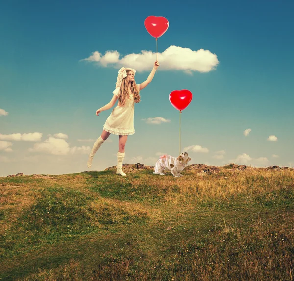 Poupée avec chien et ballons — Photo