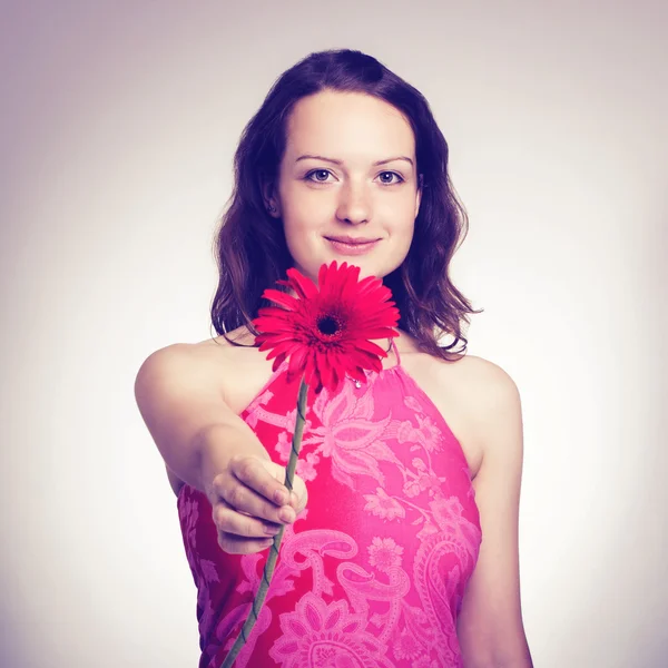 Žena dává gerber květ — Stock fotografie