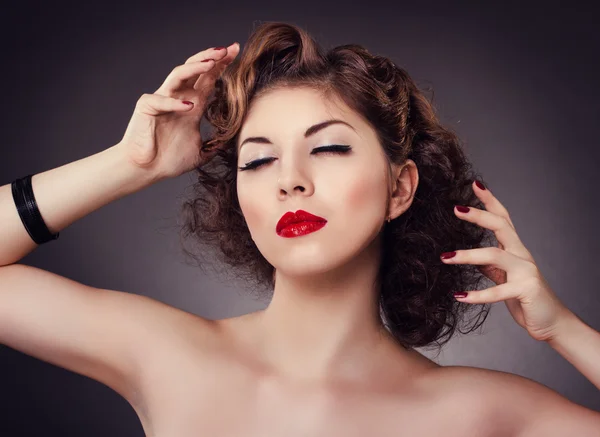 Woman with red sexy lips and nails — Stok fotoğraf