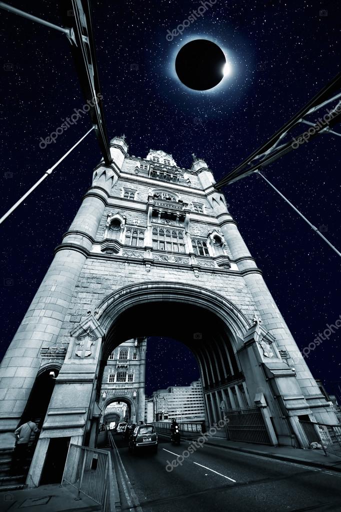 Collage of Solar Eclipse over Tower Bridge in London — Stock Photo