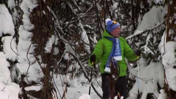 Turist i snöiga skogen — Stockvideo