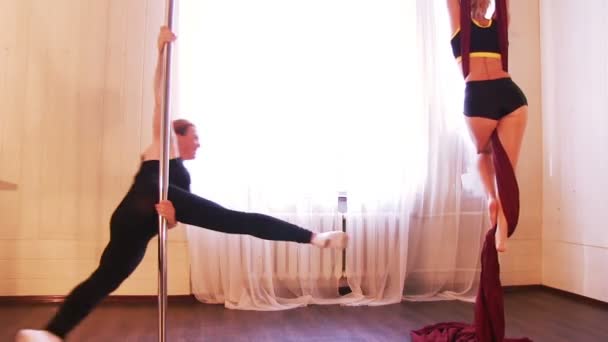 Kvinnor som tränar siden och pole dance — Stockvideo