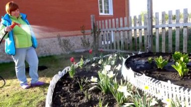 kadın bir flowerbed sulama