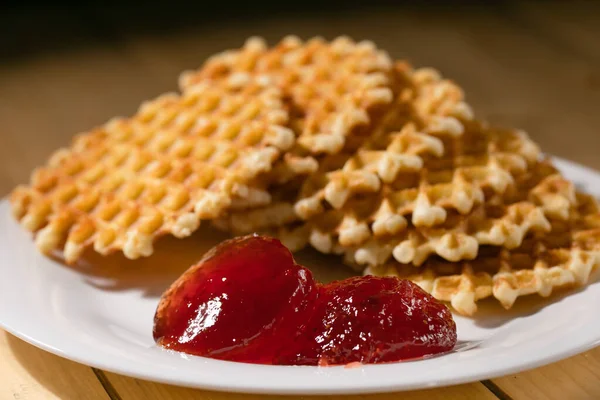 Belgian Waffles White Plate Rustic Wooden Table — Stock Photo, Image