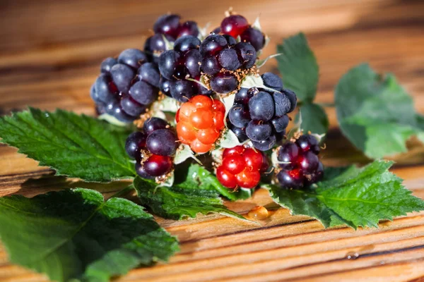 Blackberry Met Bladeren Houten Tafel Rechtenvrije Stockfoto's