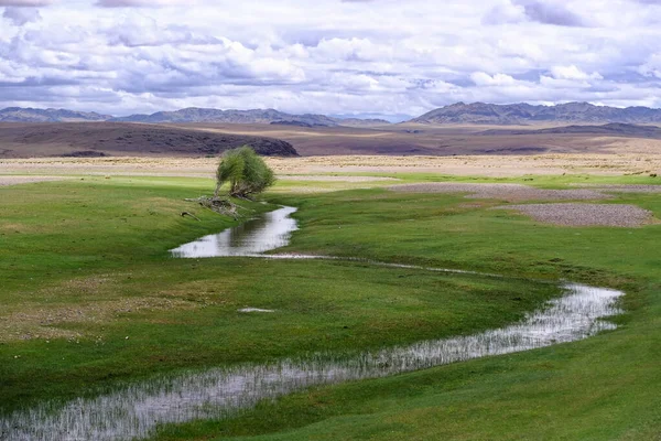 Mongolski Krajobraz Stepem Górskim Rzeką Mongolia Zachodnia — Zdjęcie stockowe